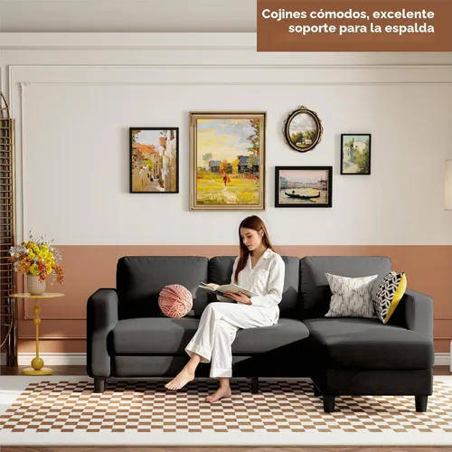 Vista 6 de Sofá modular pequeño de 73 pulgadas con diván reversible, sofá de tela de lino en forma de L con marco de roble macizo y hierro, cojín de asiento