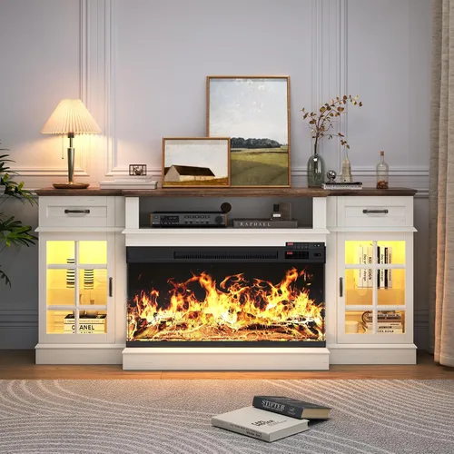 Vista 8 de MXV Soporte de TV con chimenea de 70 pulgadas, chimenea de vidrio de 3 lados y centro de entretenimiento moderno, consola multimedia de madera