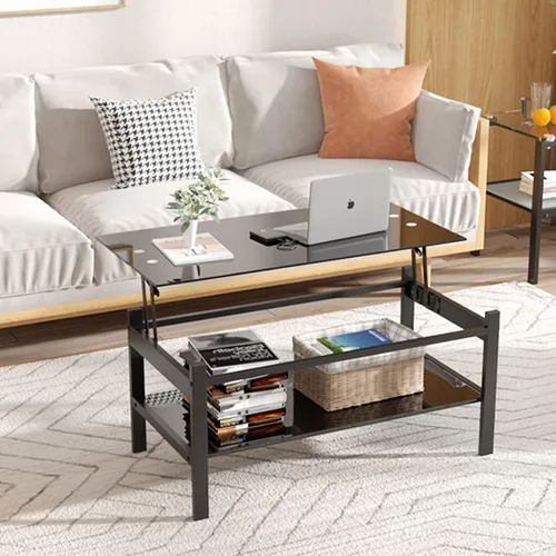 Vista 8 de Mesa de centro de vidrio rectangular Meihua de 2 niveles, mesa de té moderna, mesa auxiliar de café para sala de estar (todo negro)
