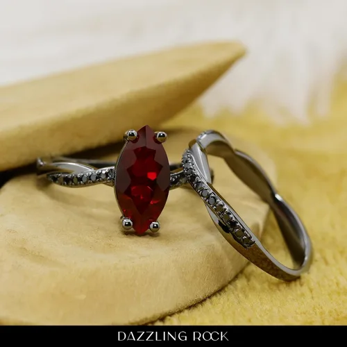 Vista 3 de Dazzlingrock Collection Juego de anillos nupciales de diamantes negros redondos y piedras preciosas marquesas creadas en laboratorio de 0.472 x