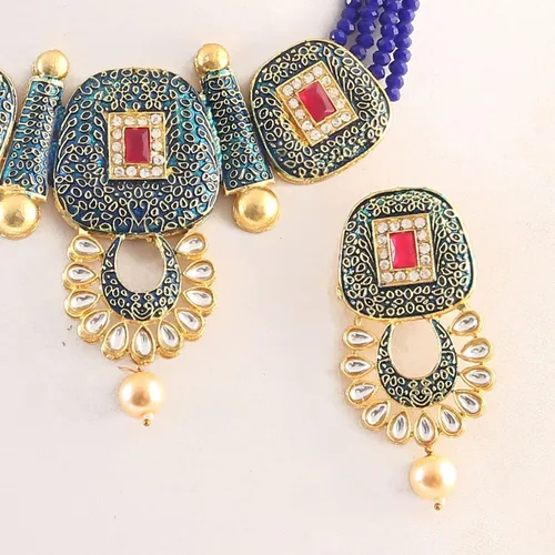 Vista 3 de JewarHaat Bollywood - Juego de collar con cuentas de cristal de ónix, chapado en oro, tono dorado con aretes, joyería para mujeres y niñas