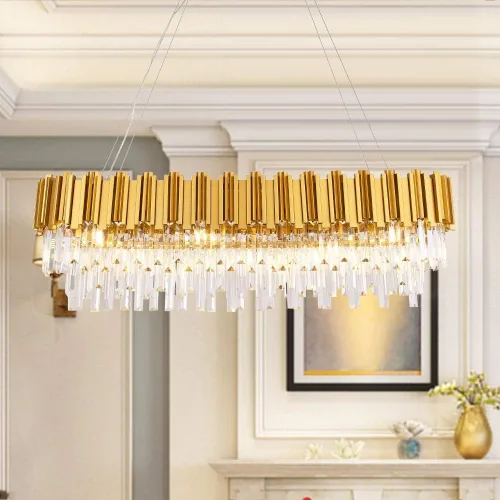 Vista 10 de Lámpara de Araña Moderna de Cristal K9, Luminaria Colgante de Techo Rectangular con 8 Luces para Comedor y Cocina, Acabado en Cromo, L33.5 Pulgadas