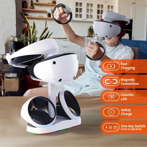 Vista 2 de Estación de carga para PS VR2, base de carga rápida dual para Playstation VR2, accesorios con luz RGB, estación de carga controlador VR2 con soporte