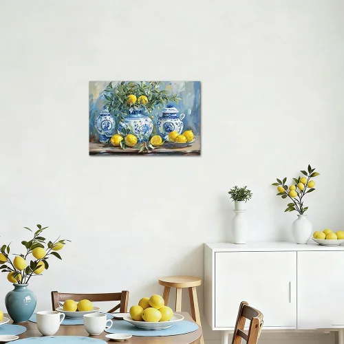 Vista 3 de SWQYLB Arte de pared de limón para cocina, cuadro vintage de frutas cítricas, impresiones en lienzo amarillo limón con cerámica azul, pintura