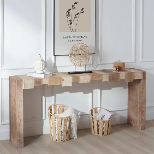 Vista 6 de SOFTSEA Mesa consola de granja con diseño de bloques escalonados, mesa consola extra larga de 71 pulgadas para sala de estar, pasillo, madera natural