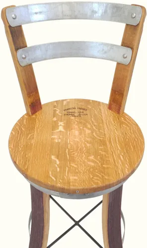 Vista 4 de Taburete giratorio con respaldo de acero, muebles de barril de vino hechos a mano (24 pulgadas de altura sentada)
