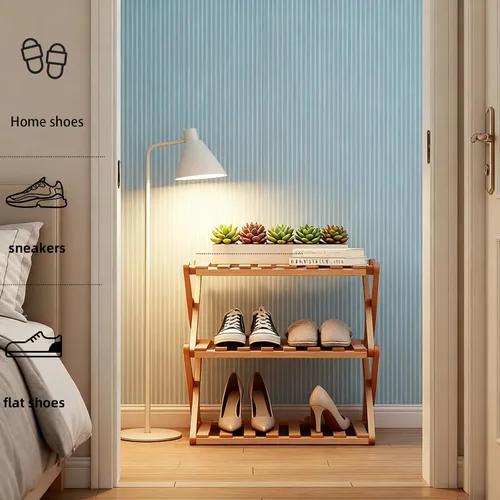 Vista 5 de Zapatero de bambú de 3 niveles, organizador plegable de almacenamiento de zapatos para armario, dormitorio, entrada y sala de estar, diseño portátil