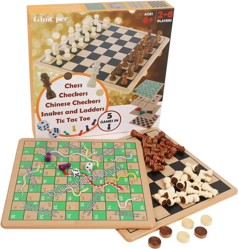 Vista 2 de Glintoper Juego de Mesa de Madera 5 en 1 con 2 Tableros Reversibles para Ajedrez, Damas, Damas Chinas, Serpientes y Escaleras, Tic Tac Toe, Combo