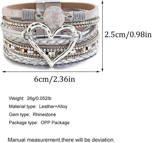 Vista 3 de Caiyao Pulsera de cuero para mujer, pulsera de cuentas con decoración en forma de corazón, pulsera de cristal bohemio con cierre magnético, pulsera