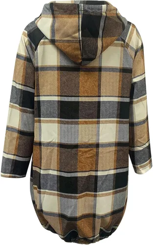 Vista 9 de Camisa estampada a cuadros para mujer, con cremallera, manga larga, con capucha, chaqueta irregular