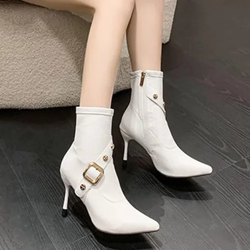 Vista 4 de Botas de tobillo para mujer, de moda, punta puntiaguda, botas de aguja de negocios, casuales, de tacón alto, con cremallera lateral, botines