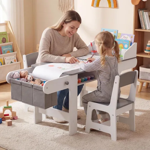 Vista 2 de Costzon Mesa y silla de arte para niños, mesa de madera para manualidades con rollo de papel y contenedores de tela para dibujar, leer, estudiar