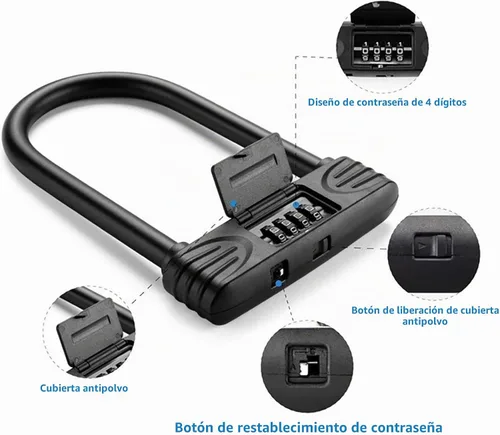 Vista 7 de Cerradura en U para bicicleta resistente, cerradura de bicicleta con contraseña de combinación de 4 dígitos con grillete de bloqueo en U