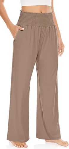 Vista 2 de UEU Pantalones de cintura alta con volantes fruncidos y pierna ancha para mujer, estilo casual, holgados, pantalones de yoga con bolsillos