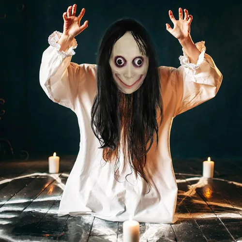 Vista 3 de Máscara MOMO espeluznante de Halloween, hecha a mano de látex aterrador, máscara de goma para fiesta de cosplay