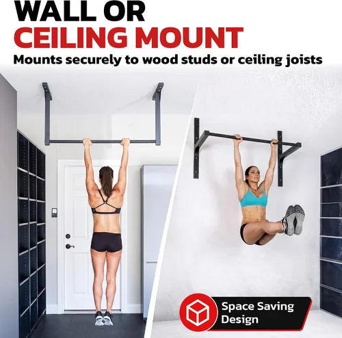Vista 6 de Stud Bar Barra de dominadas resistente para montaje en techo o pared, calidad de gimnasio, capacidad de 600 libras, tamaño estándar para techos de 9