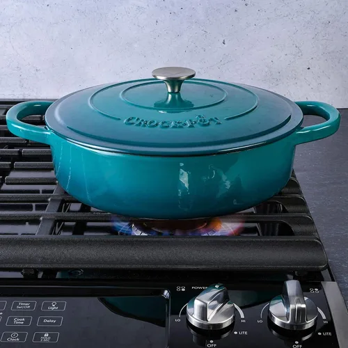 Vista 6 de Crock-Pot Artisan - Braiser de hierro fundido esmaltado con tapa, 5 cuartos de galón, verde azulado degradado Turquesa Degradado