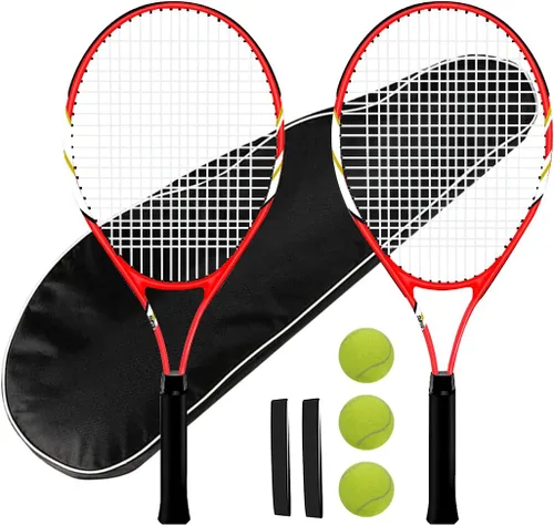 Vista 9 de Raquetas de tenis para 2 jugadores recreativas para principiantes, juego de raquetas adultas ligeras preencordadas de 27 pulgadas para mujeres