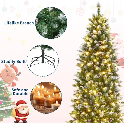 Vista 2 de Árbol de Navidad artificial flocado de nieve de 4 pies y 6 pulgadas Flocado blanco con piñas (forma de lápiz)