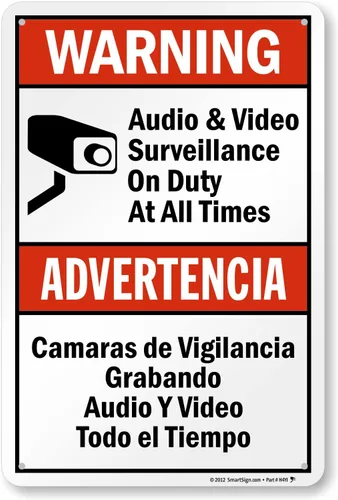 Vista 21 de SmartSign Paquete de 2 señales "Advertencia: Vigilancia de Audio y Video en Servicio en Todo Momento" Bilingüe - 7" x 10", Aluminio Metalizado