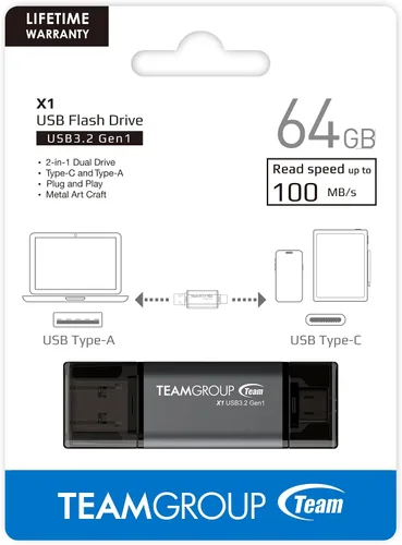 Vista 9 de TEAMGROUP X1 64GB USB 100MB/s 3.2 Gen 1 Tipo A y Tipo C (3.1/3.0) OTG Memoria USB de interfaz dual Compatible