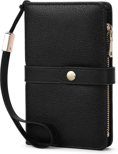 Vista 8 de Cartera pequeña para mujer, con bloqueo RFID, de piel vegana, delgada, plegable, para tarjetas de crédito, portapasaporte, cartera de viaje