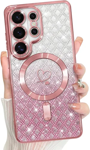 Vista 475 de Bonoma - Funda compatible con Samsung Galaxy S21 Plus, diseño de corazón con purpurina, color rosa Support for MagSafe, Plating Magnetic Case TPU