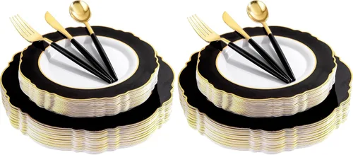 Vista 12 de WDF 30 Invitados - Platos de plástico negro y dorado, platos de Año Nuevo, cubiertos de plástico dorado con mango negro, vajilla desechable barroca