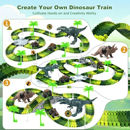 Vista 4 de Juguetes de dinosaurio para niños de 3 a 5 años, juego de pista de tren flexible que brilla en la oscuridad, 2 autos de dinosaurio para niños