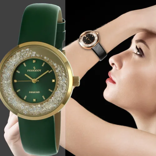Vista 2 de Peugeot 3041SBK Reloj elegante, con correa negra fina, con diamantes auténticos y circonita cúbica, redondo y plateado, para mujer.