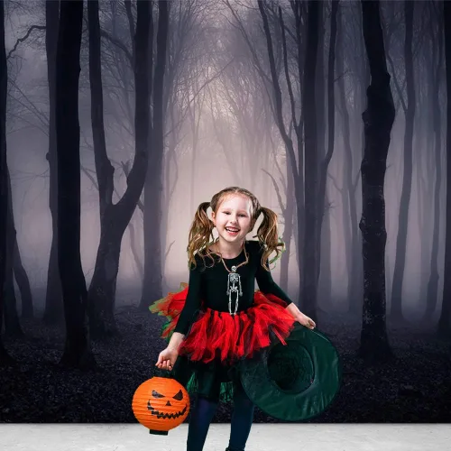 Vista 4 de Telón de fondo de bosque oscuro brumoso de 7 x 5 pies para decoración de fiesta de Halloween, noche de Halloween, fondo de fotografía de bruja