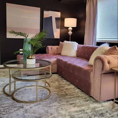 Vista 3 de Juego de 2 mesas de centro anidadas doradas, pequeñas mesas anidables de vidrio para sala de estar, dormitorio, mesa de té decorativa con marco
