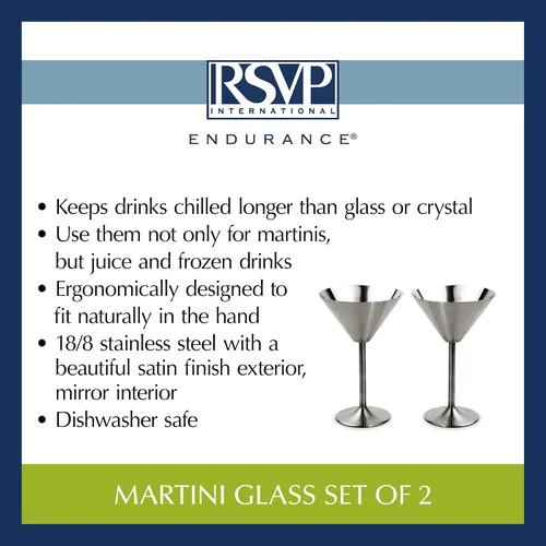 Vista 10 de RSVP Colección internacional de utensilios de bar de acero inoxidable cepillado, vidrio de Martini, juego de 2