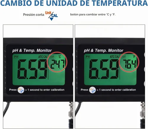 Vista 5 de Medidor de temperatura de pH 2 en 1, monitor de pH del termómetro