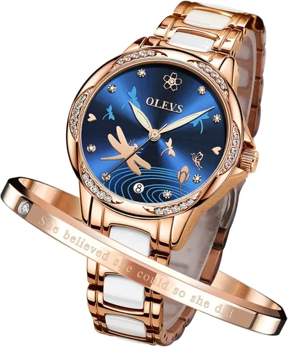 Vista 8 de OLEVS Relojes para mujer, de cuerda automática, oro rosa, diamante, reloj de pulsera mecánico automático, acero inoxidable, dos tonos, pulsera