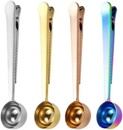Vista 5 de Paquete de 4 pinzas para café, cuchara medidora de café de mango largo de 6 3/4 pulgadas, cuchara medidora de café de 0.5 fl oz con clip para bolsa