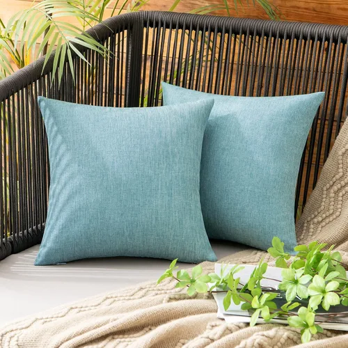 Vista 20 de MIULEE - Paquete de 2 fundas de almohada decorativas para exteriores, impermeables, sólidas, de imitación de lino, para jardín, casa de campo, Azul