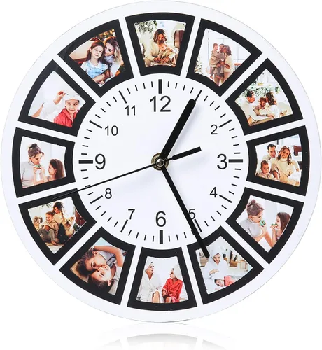 Vista 18 de Reloj personalizado con marcos familiares, decoración de pared, multifoto, grabado con nombre y fecha, relojes digitales inusuales de madera