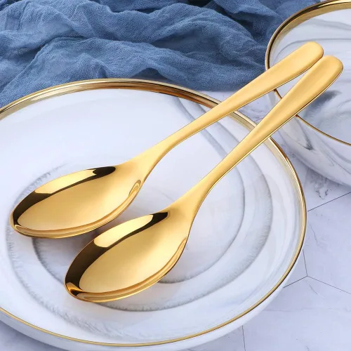 Vista 3 de Bisda Juego de 2 cucharas para servir bufé, acero inoxidable de 10 pulgadas, bañadas en oro, utensilios grandes para ensaladas, aptas