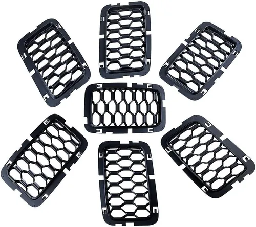 Vista 16 de Juego de 7 piezas de insertos de parrilla delantera negra estilo malla de panal compatible con Jeep Cherokee 2014-2018 Malla negra mate + ribete