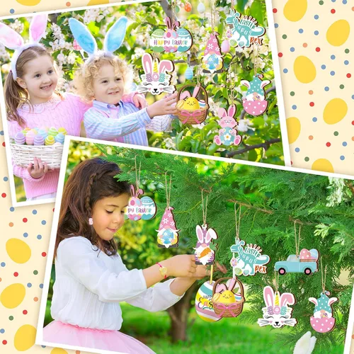 Vista 6 de Chunful 30 adornos de Pascua para árbol, feliz Pascua, adornos colgantes de madera, huevos de primavera pastel, zanahoria, conejo, cesta de árbol