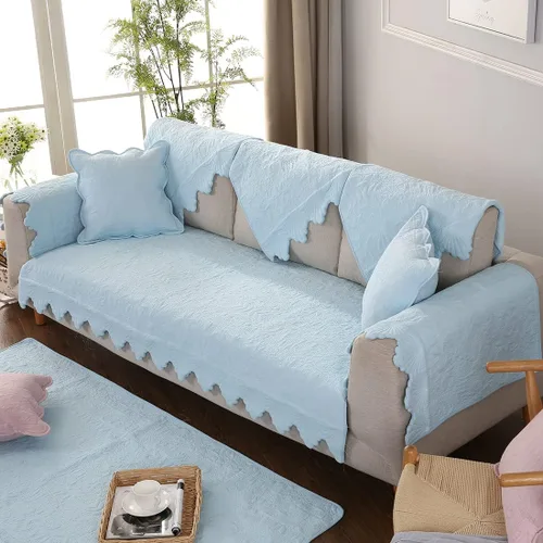 Vista 6 de Funda de sofá de algodón con bordado de hojas y flores, antideslizante, acolchada, protector de muebles para perros, niños y mascotas, lavable a Azul