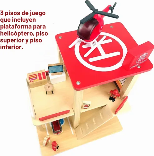 Vista 5 de Juego de estación de bomberos de madera, casa de muñecas con accesorios