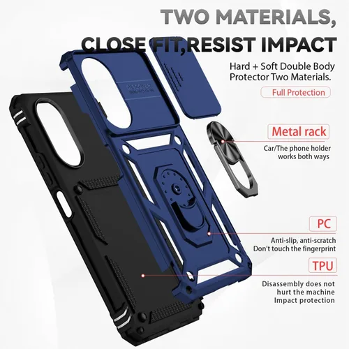 Vista 3 de Funda para Honor X7, CMA-LX2 CMA-LX1 con protector de pantalla de vidrio templado y cubierta de cámara deslizante, soporte de anillo giratorio