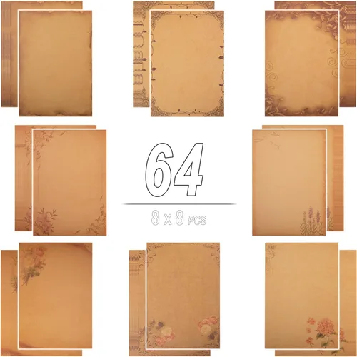 Vista 10 de Juego de papel estacionario vintage + sobres de estraza con calcomanías de sellado, 64 piezas de 4 patrones de papel de escritorio de 8.3 x 5.7 [02]