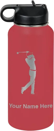 Vista 37 de LaserGram Botella de agua personalizada, golfista de golf, acero inoxidable de doble pared aislada al vacío con popote superior, regalo grabado Negro