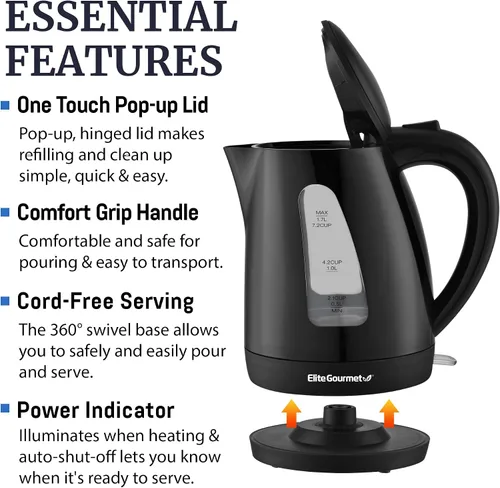 Vista 3 de Elite Gourmet EKT8690X - Tetera eléctrica de 1.7 L, 1500 W, calentador de agua caliente, sin BPA, hervir rápido, ventana de nivel de agua y apagado