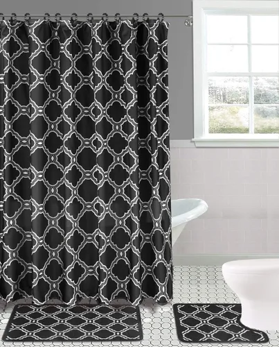 Vista 4 de Juego de 15 tapetes de baño para baño, cortina de ducha, diseño estampado de mariposa o peine de miel (color negro mariposa)