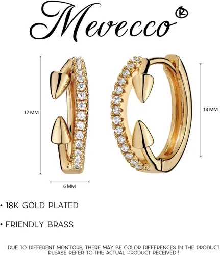 Vista 4 de Mevecco Aretes tipo huggie chapados en oro de 18 quilates, delicados aretes de aro de circonita cúbica blanca brillante con cuentas geométricas