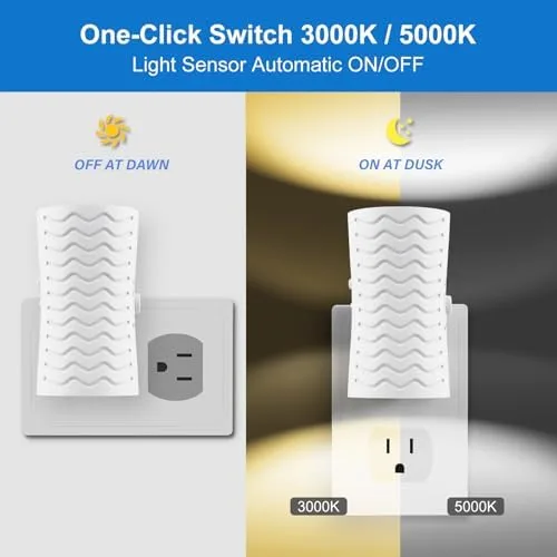 Vista 3 de Luz nocturna LED enchufable, luces nocturnas modernas giratorias de 360° enchufables a la pared, palanca de 3000 K/5000 K, sensor de atardecer a